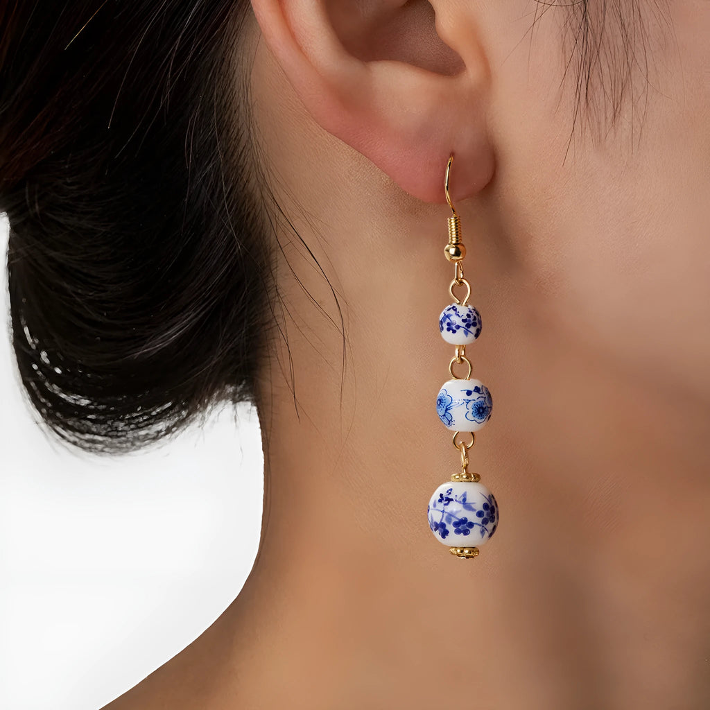 Blue and white porcelain ceramic bead geometric retro earrings with alloy construction