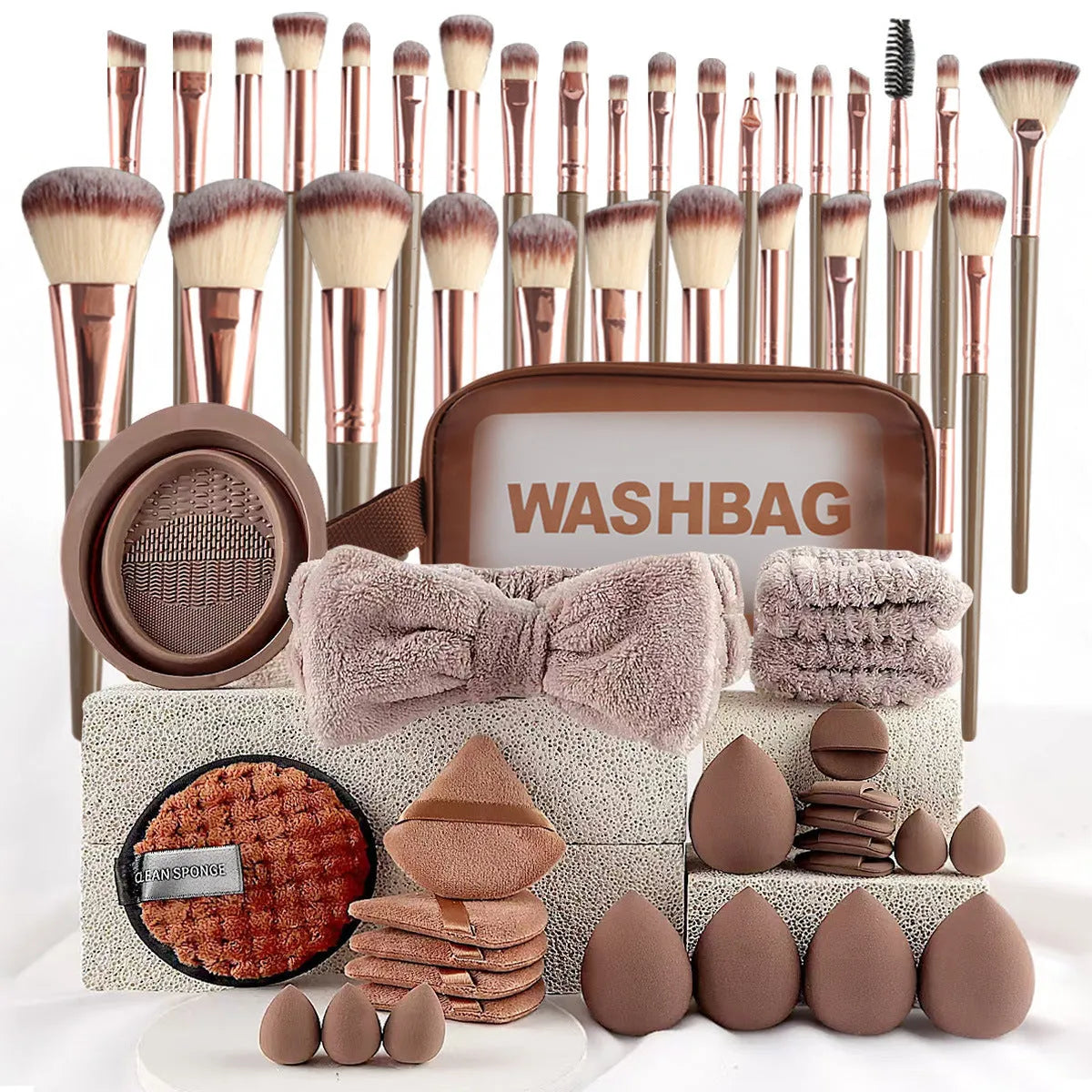 Beauty tool set with hydrophilic non-latex sponges in brown, pink and purple colour options