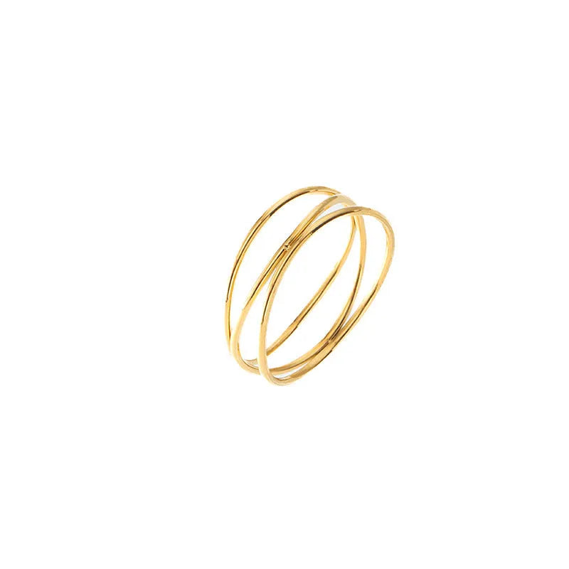 Gold geometric titanium steel ring with three-layer coil design on size chart showing options 5 to 10.