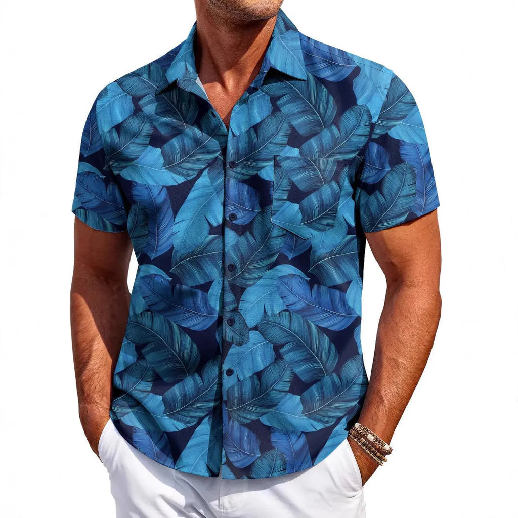 Men's slim fit Hawaiian short sleeve shirt in elastic polyester fabric on hanger