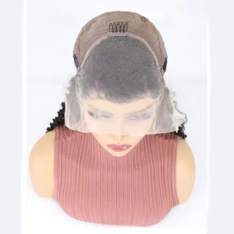 Solid colour human hair wig with half lace cap construction shown at medium length