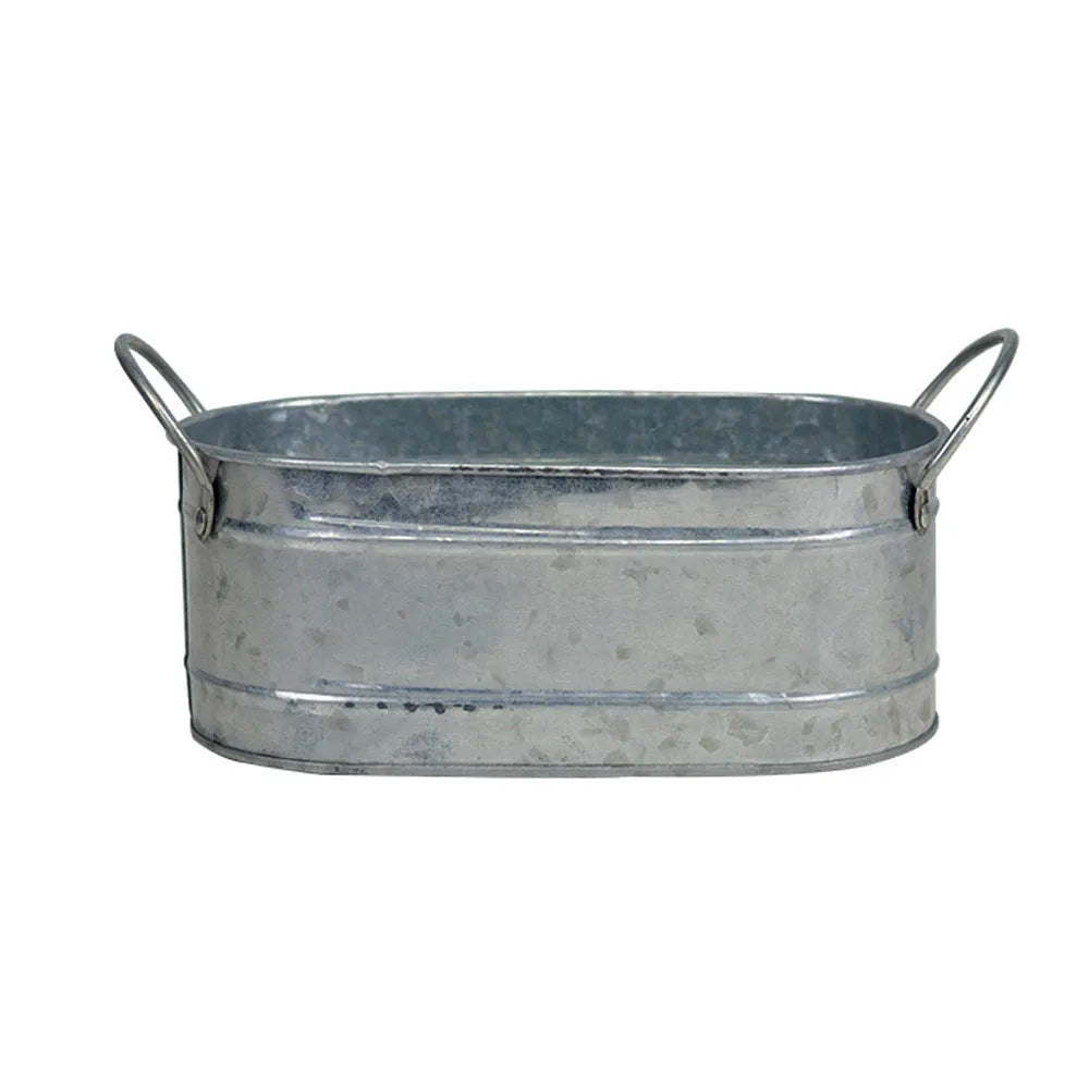 Small iron metal flowerpot for succulents on a wooden desktop.