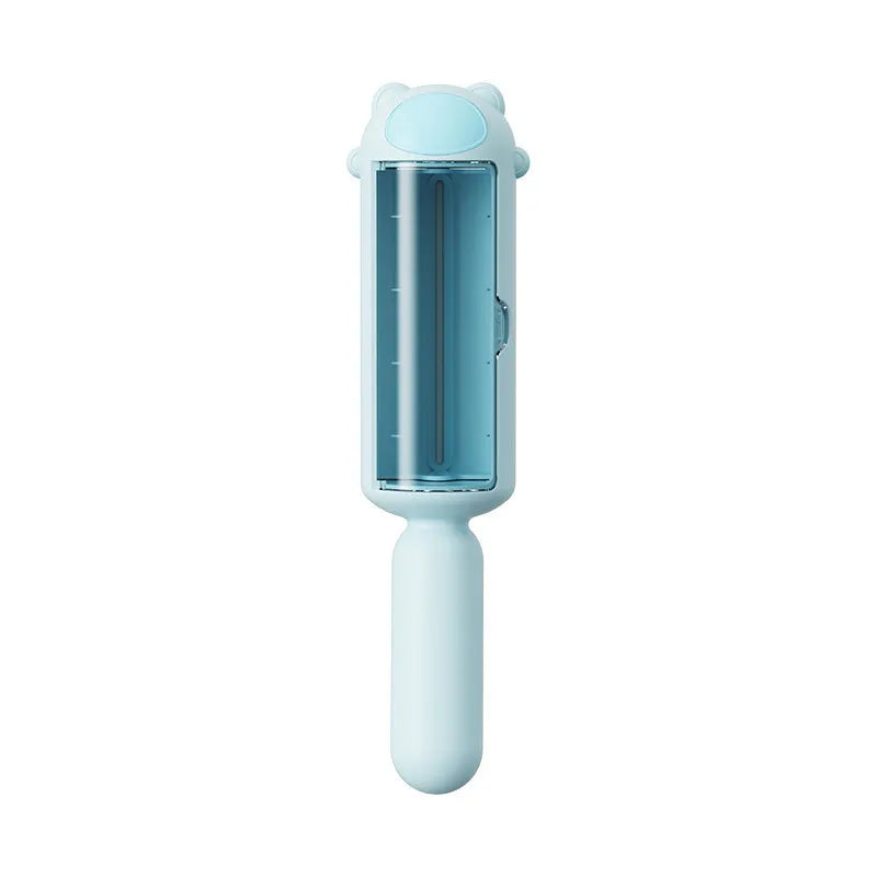 Reusable pet hair remover roller with self-cleaning base in blue, pink, or yellow colours.