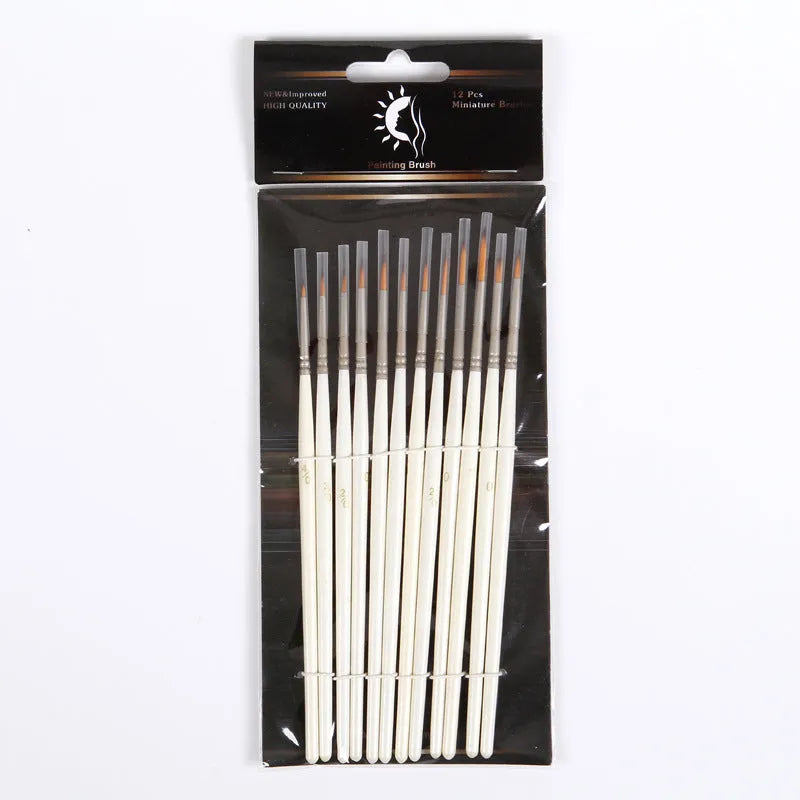 Set of twelve fluorescent marker artist brushes in assorted sizes, stored upright in a solid wood pen holder.