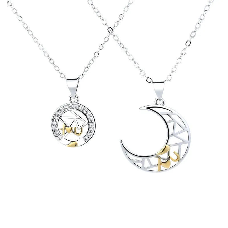 Copper sun and moon couple necklace with cross chain for him and her.