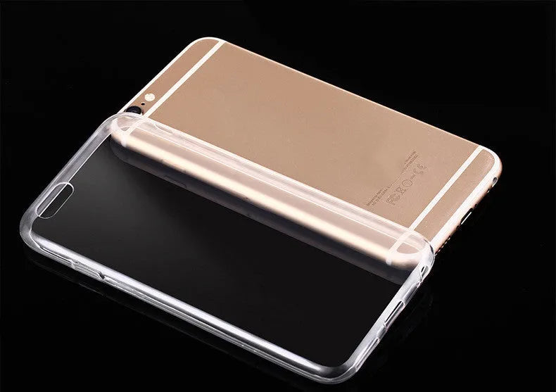Transparent TPU phone case for iPhone showing clear back and side cutouts