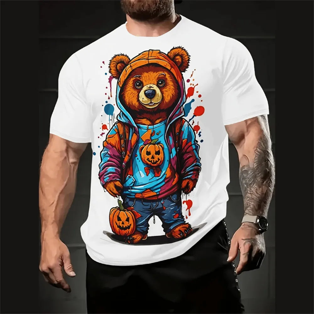Men's loose fit casual t-shirt with 3D cartoon graphic print in milk silk linen fabric