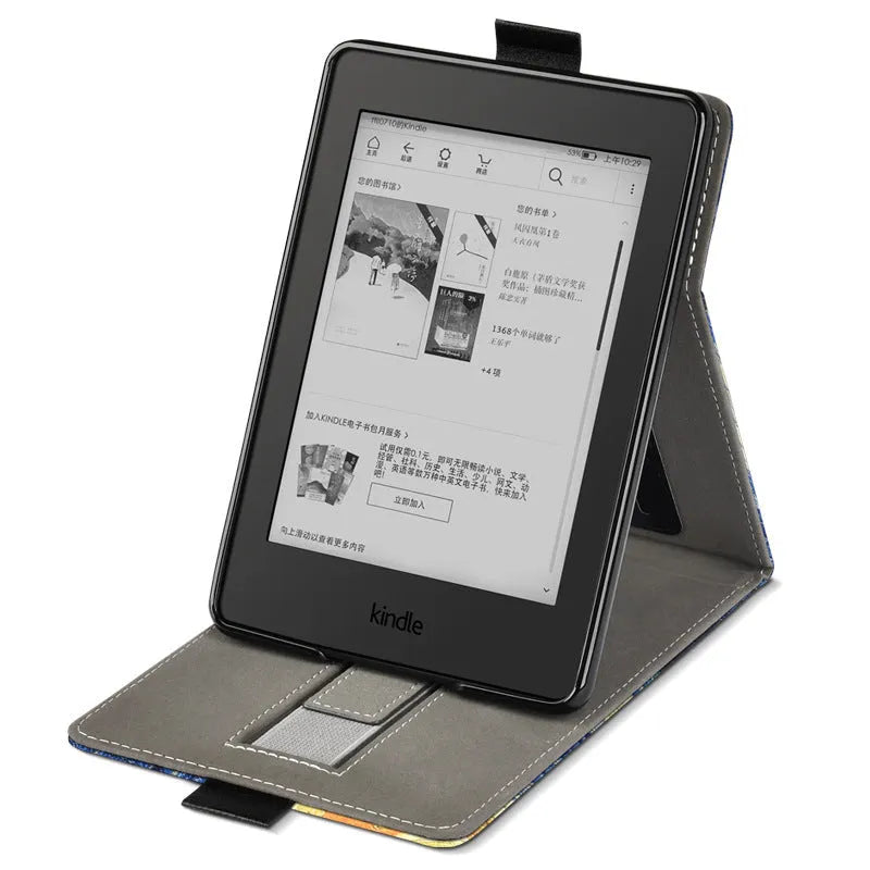 Black TPU leather protective case for a 6-inch Kindle Paperwhite e-reader, showing embossed texture and brackets style edges.