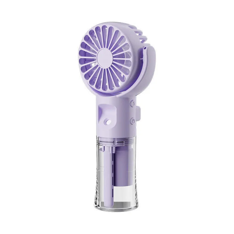 Portable handheld spray fan with transparent water tank and four-speed mist function in black colour