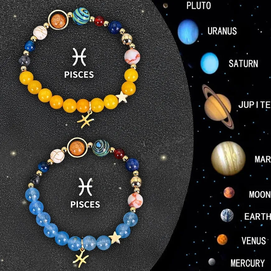 Set of two natural stone beaded bracelets representing zodiac signs from a twelve-style collection.