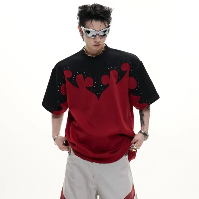 Men's cotton shirt with burnt flower stitching and rhinestone detailing in red, white, and grey colours