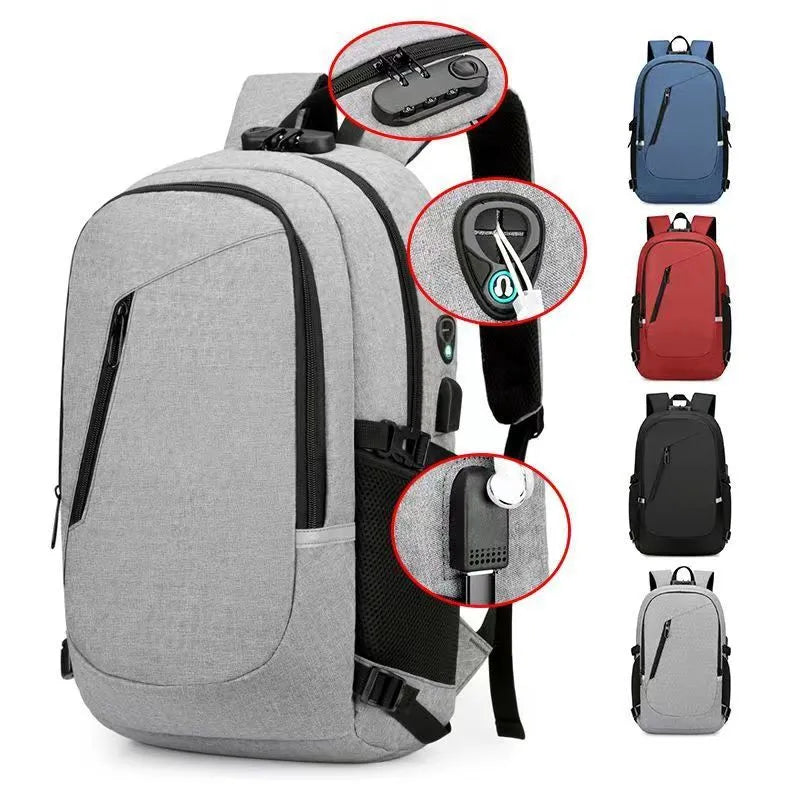 Grey Oxford cloth computer backpack with 35 litre capacity showing front compartment and shoulder straps
