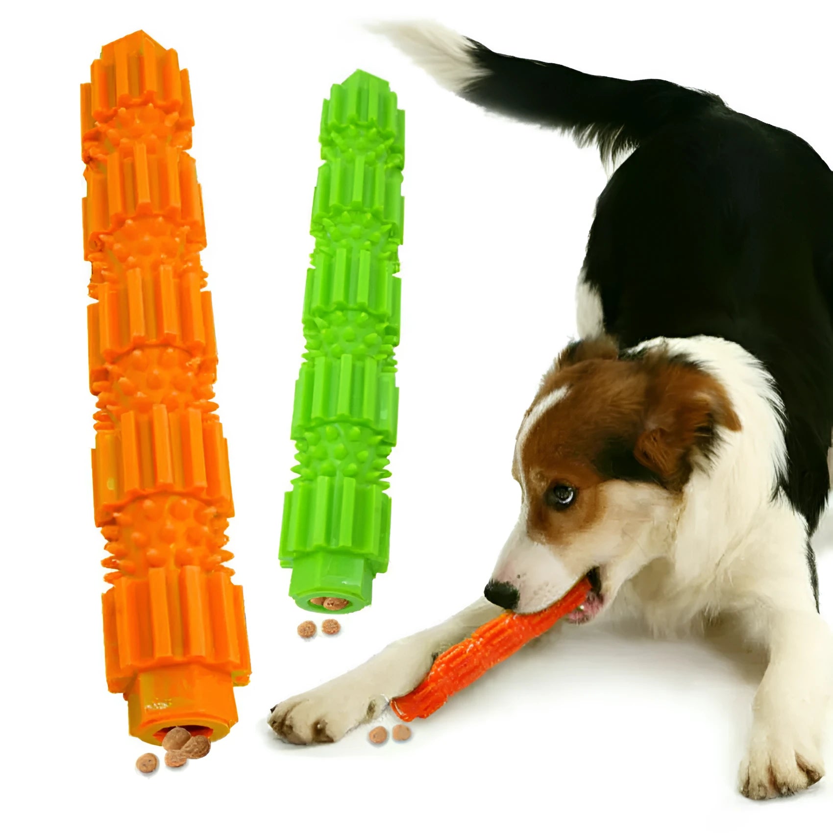 Green and orange natural rubber dog chew toy with treat-dispensing hole for aggressive chewers.