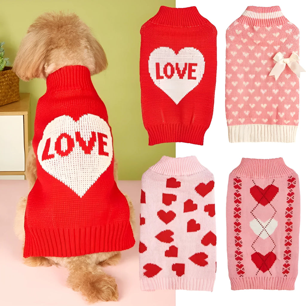Red and pink dog sweater with love heart and bow design on a small dog.