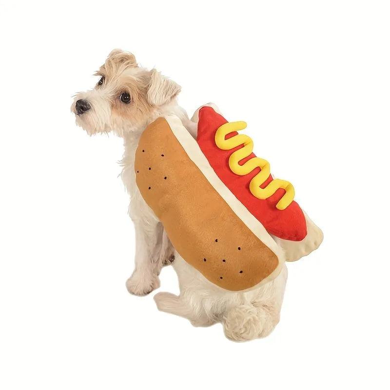 Brown and mustard coloured stuffed hot dog costume for a small dog, showing adjustable neck and waist fasteners.