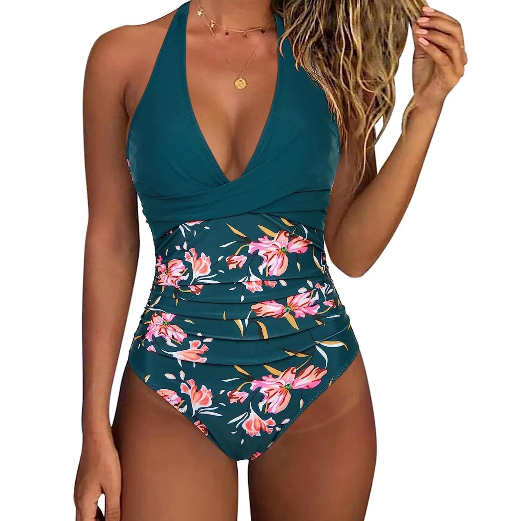 Women's printed bikini swimsuit with lace-up backless design in leopard print pattern
