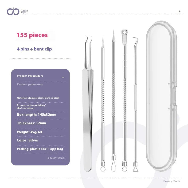 Set of four silver metal acne needles with pointed tips on a white background.