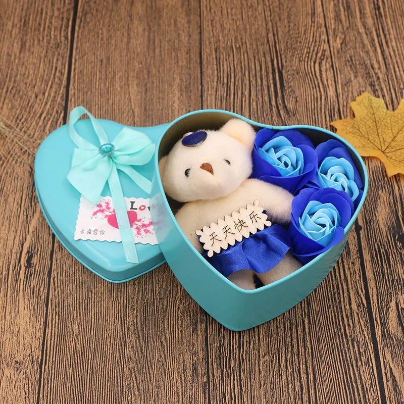 Soap flower gift box heart shaped tin box with bear figure red pink blue purple gradient handmade