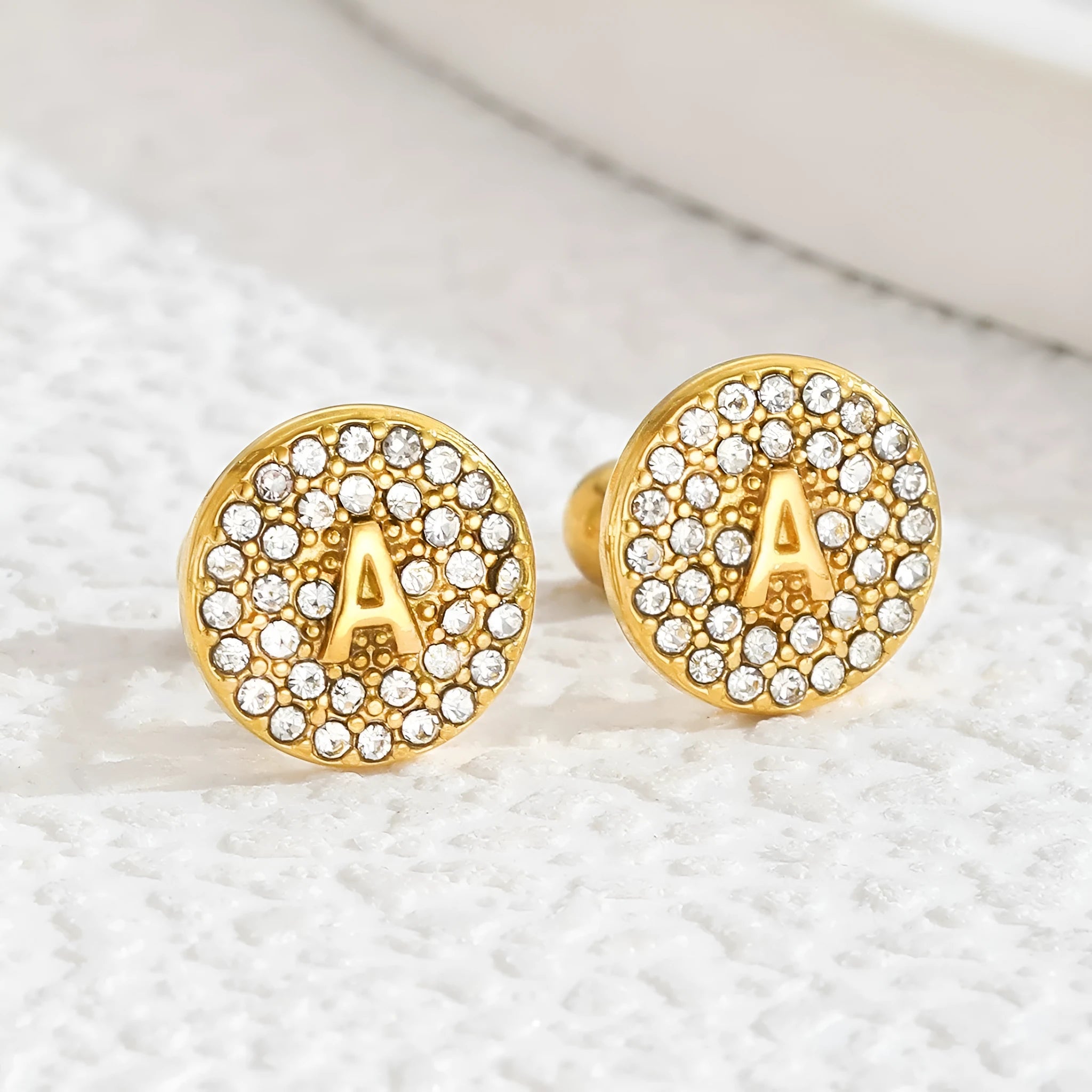 Round micro inlaid zircon stainless steel stud earring with real gold plating, English letter A on a unisex college style earring