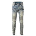 Light blue men's slim stretch jeans with hand-frayed distressed details and a straight leg.