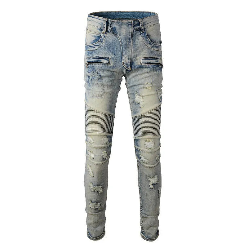 Light blue men's slim stretch jeans with hand-frayed distressed details and a straight leg.