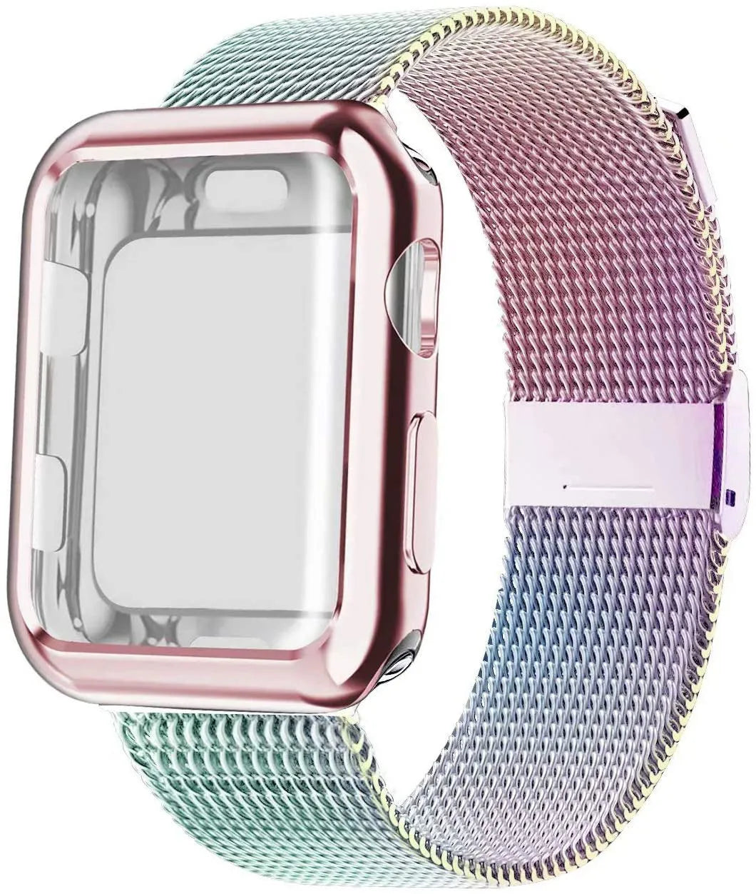 Magnetic metal Milanese loop band for Apple Watch with protective case, shown in silver colour.