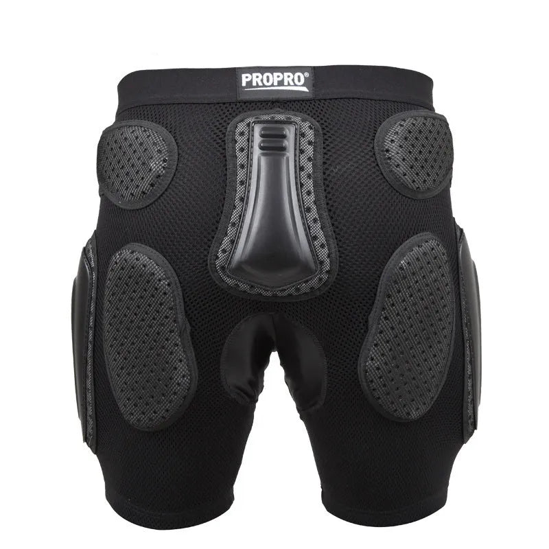 Black cycling hip protection pants showing protective padding area, available in sizes S M L XL