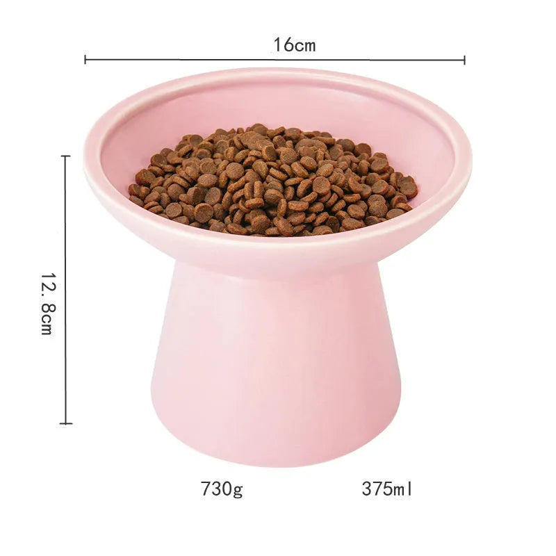 Blue elevated ceramic cat bowl with wide shallow dish on a white background.