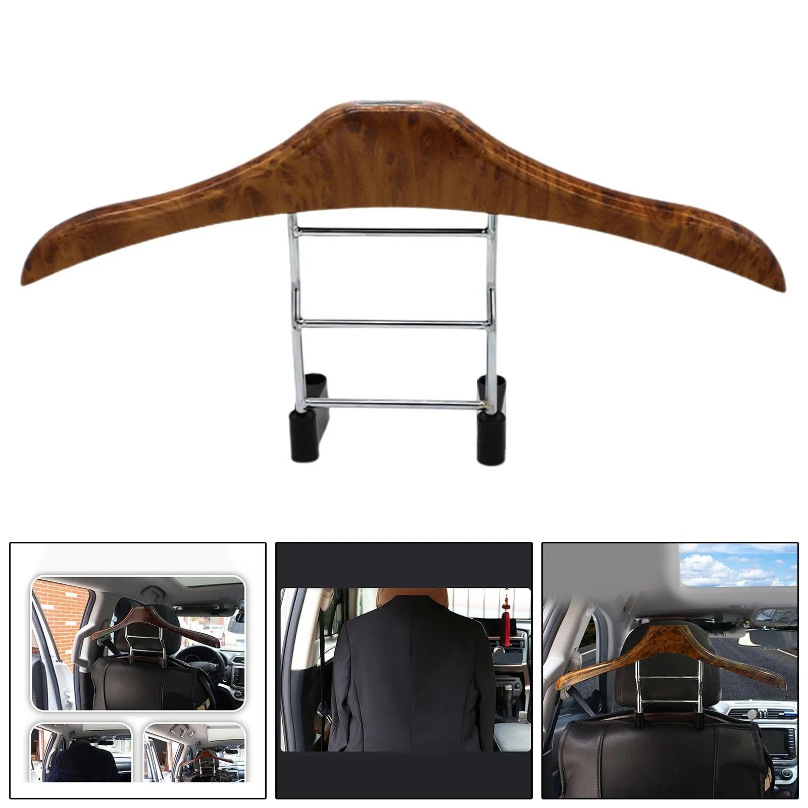 Wood yellow stainless steel car clothes hanger measuring 46.5cm by 23cm