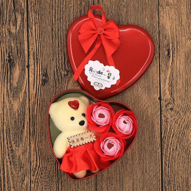 Soap flower gift box heart shaped tin box with bear figure red pink blue purple gradient handmade
