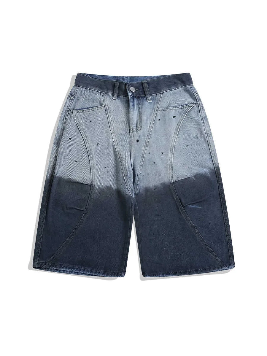 Blue tie-dye gradient washed cropped jeans with loose fit and mid waist