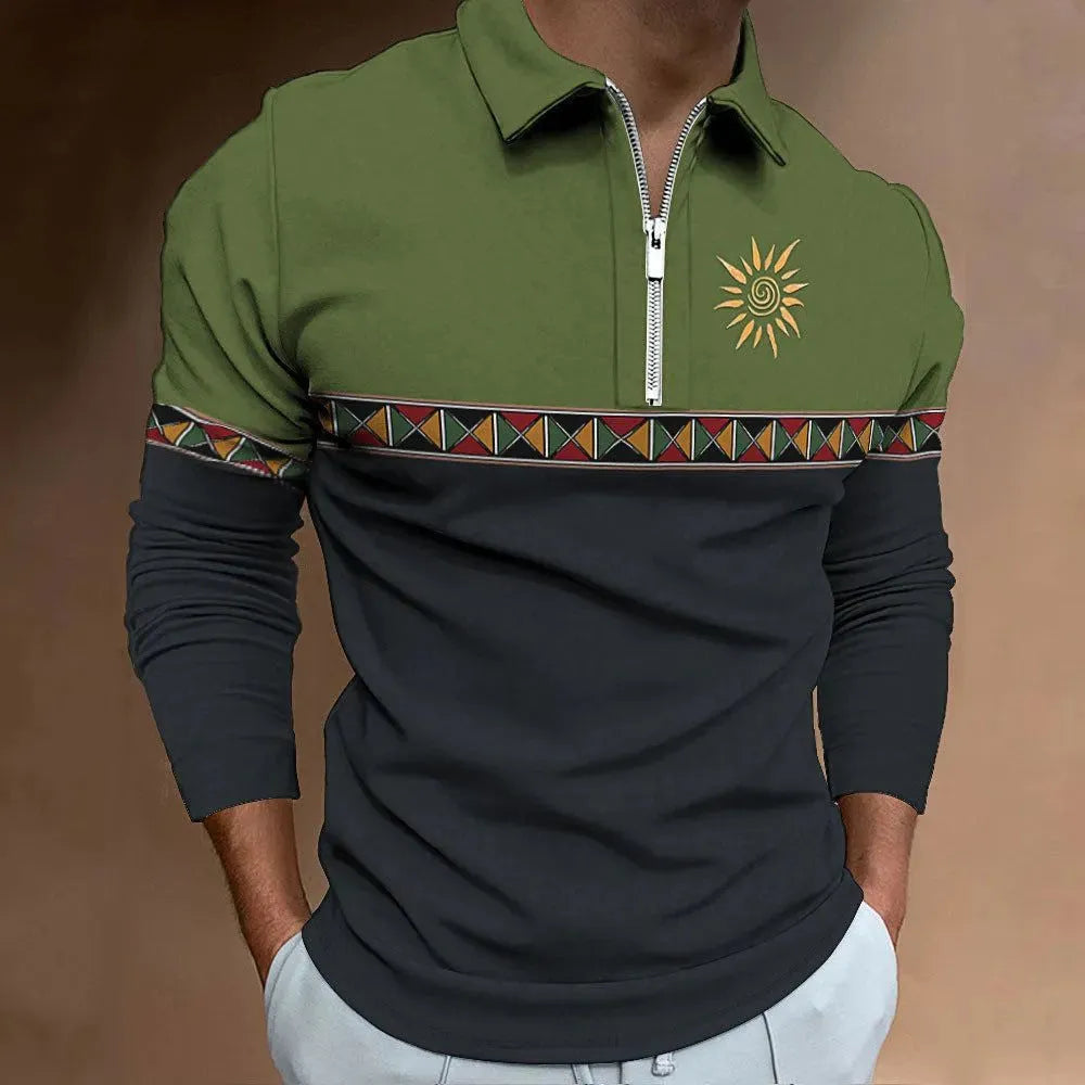Man wearing a loose-fit long sleeve t-shirt with retro stripe print and zipper details, suitable for golf.