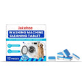 Pack of 12 white washing machine cleaning tablets for removing mould and odours.