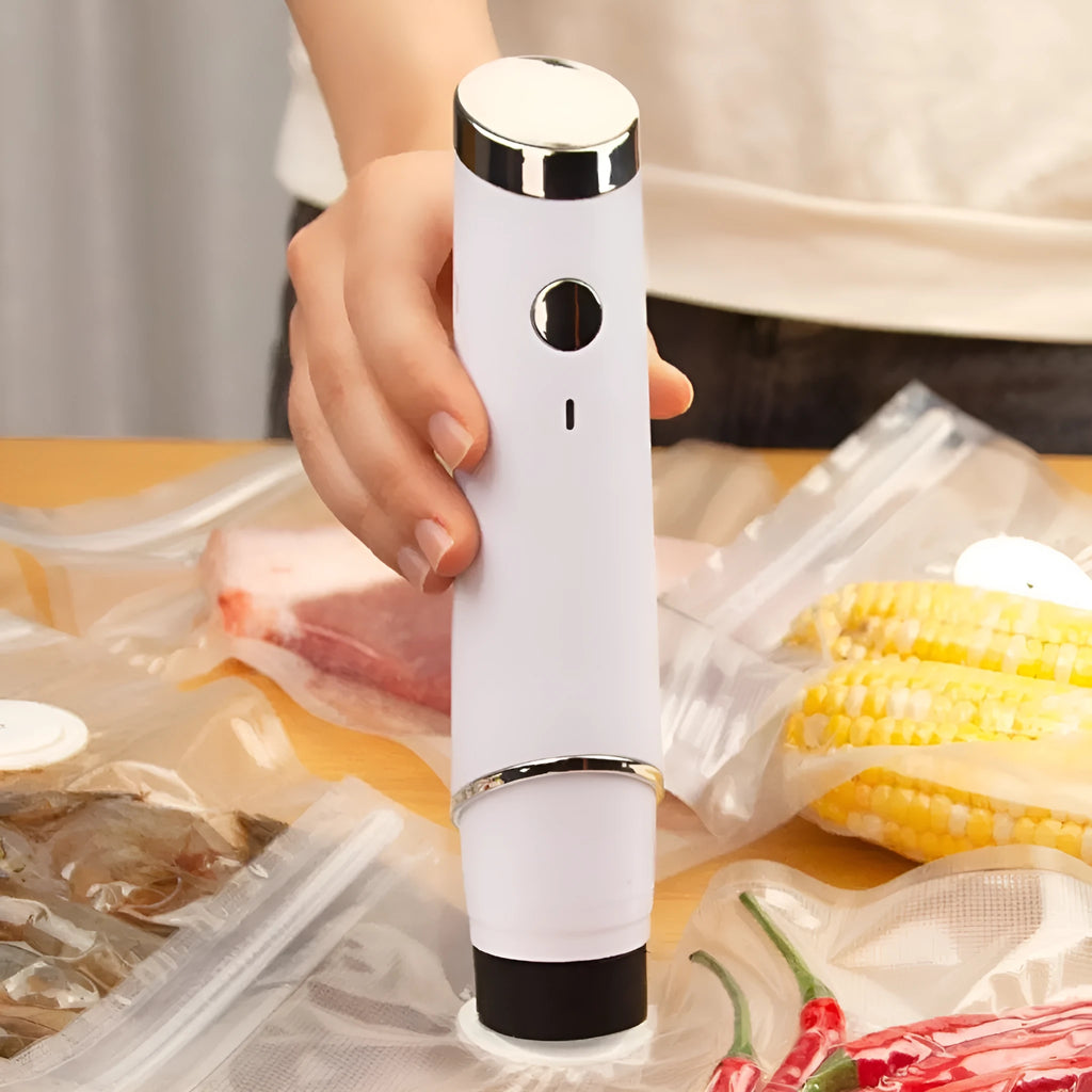 White USB electric suction pump with five 26x28cm vacuum food storage bags for kitchen preservation