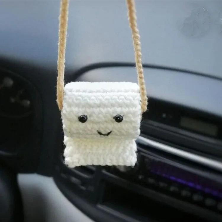 Plush hand-woven car hanging ornament in a cartoon design made from polyester