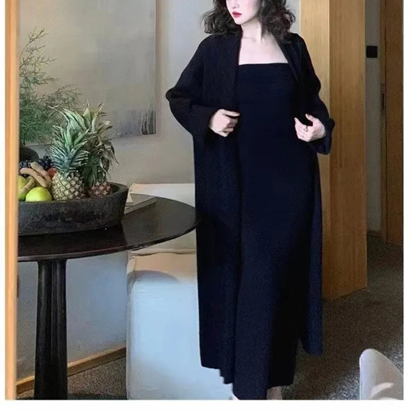 Women's gray knitted cardigan dress suit set with matching coat and flocking detail