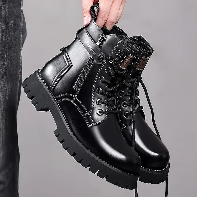 Men's light brown Martin boots with thick rubber sole and side zipper detail