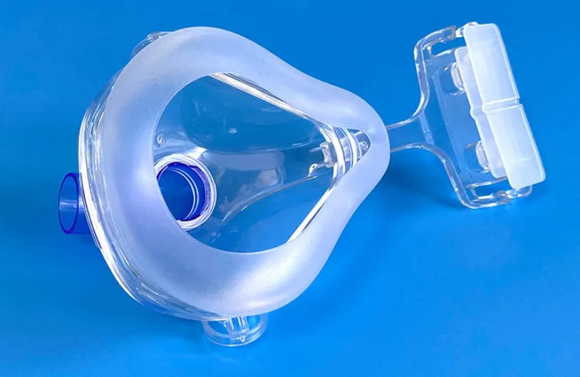 Transparent silicone CPAP breathing mask with headgear and dual elbow adapters