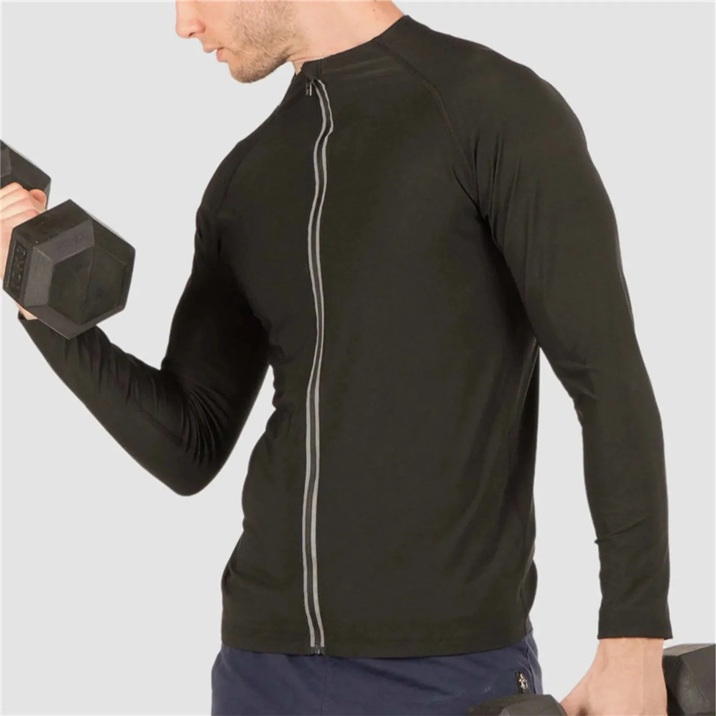 Men's zip vest in black polyester, long sleeve with short sleeve body, shown on a white background