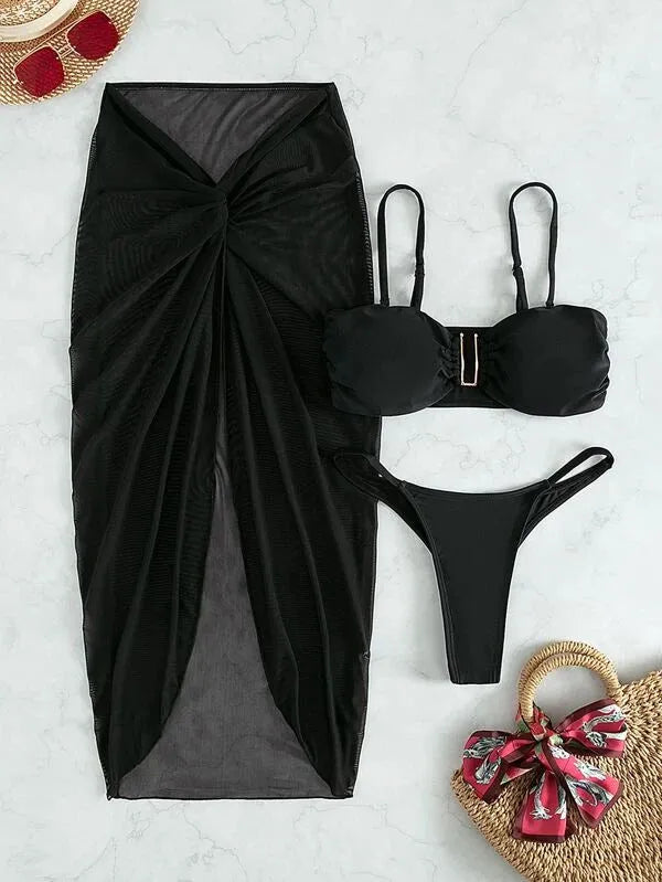 Women's multicolour bikini three-piece set with long culottes French style swimsuit