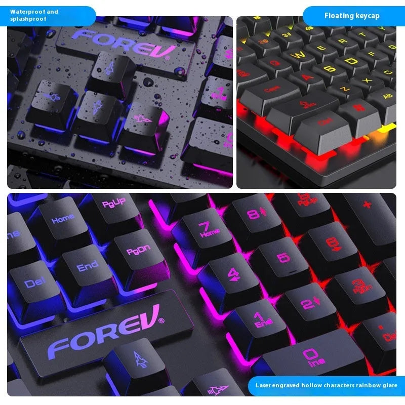 Black 104-key backlit gaming keyboard with optional mouse, showing ABS construction and 1.5m cable