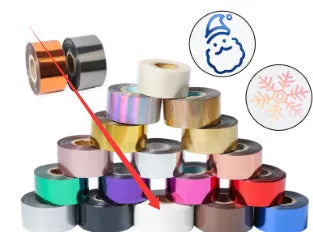 A roll of hot foil stamping paper showing metallic gold finish, with width options of 3cm and 5cm on a 120m long roll.