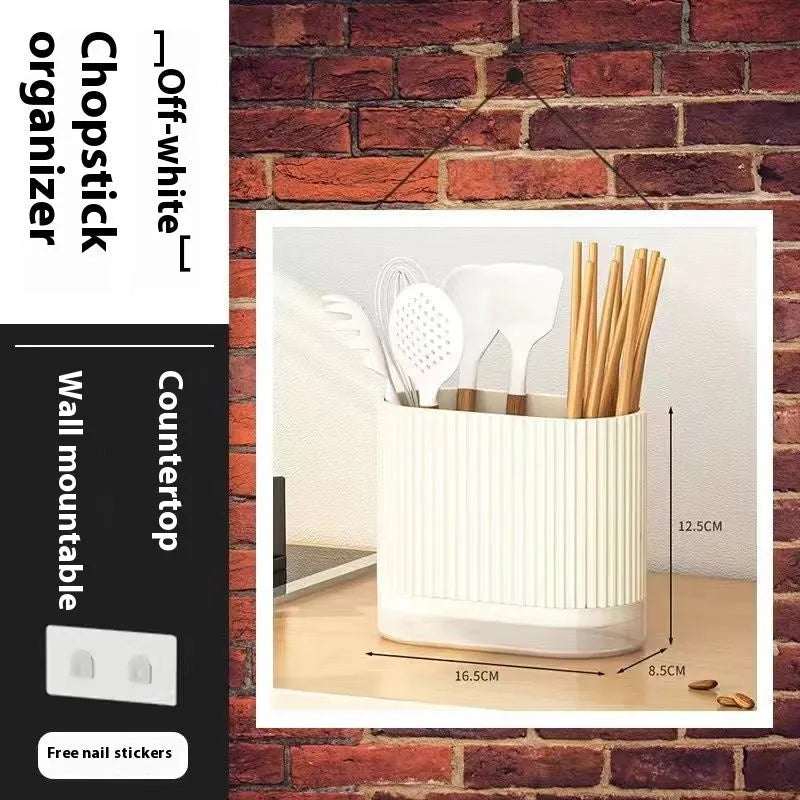 Plastic wall-mounted chopsticks basket with cross-border drain design in beige, dark green, or orange.
