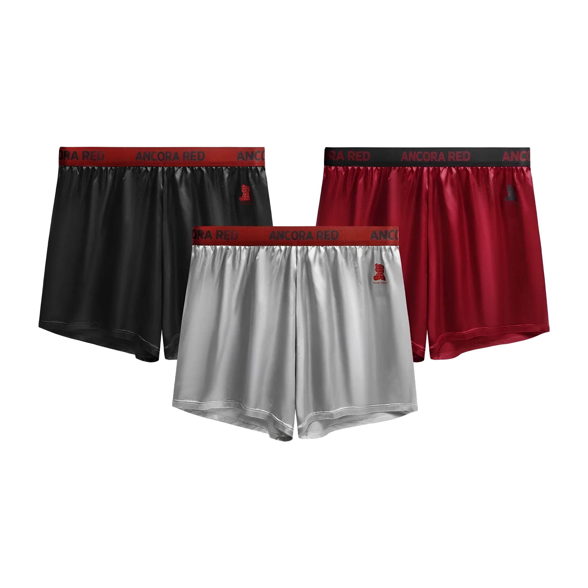 Men's solid colour boxer briefs in black, red, blue, silver, purple and brown on a mid-waist design.