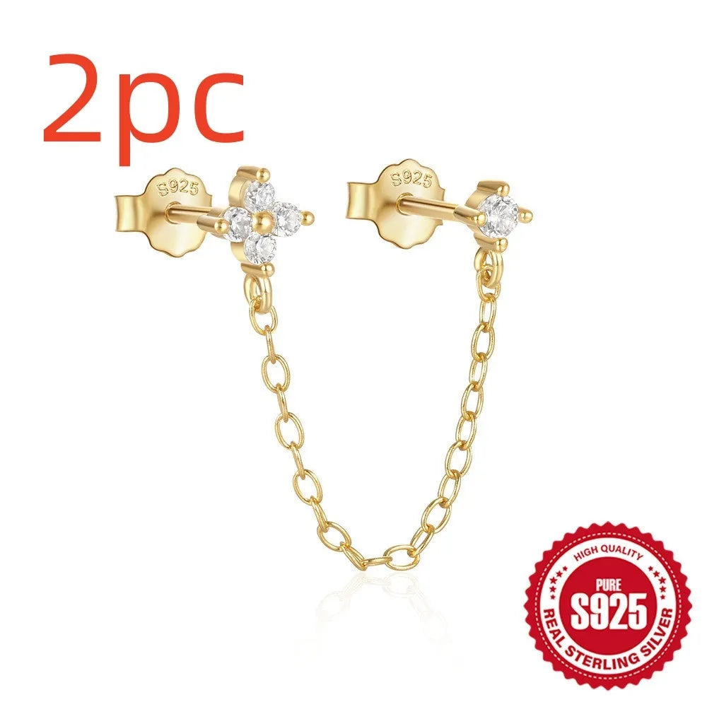 S925 sterling silver diamond flower tassel chain ear clip stud earrings in gold colour