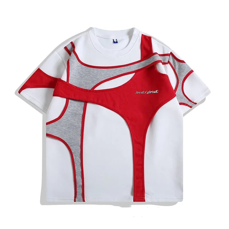 Black and white men's T-shirt with padded shoulder straps and double-layer stitching in loose fit