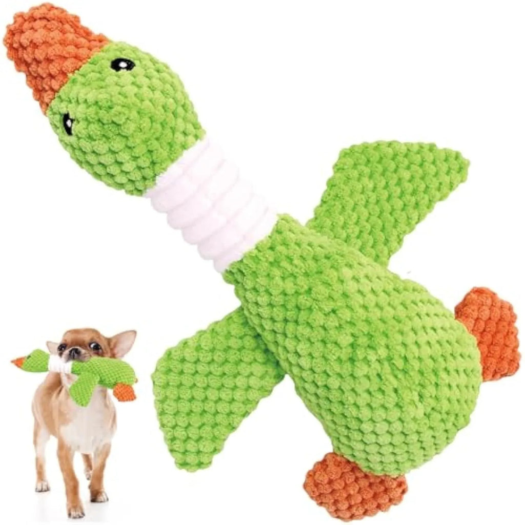 Blue green and grey durable duck plush dog toy with squeakers for chewing and play