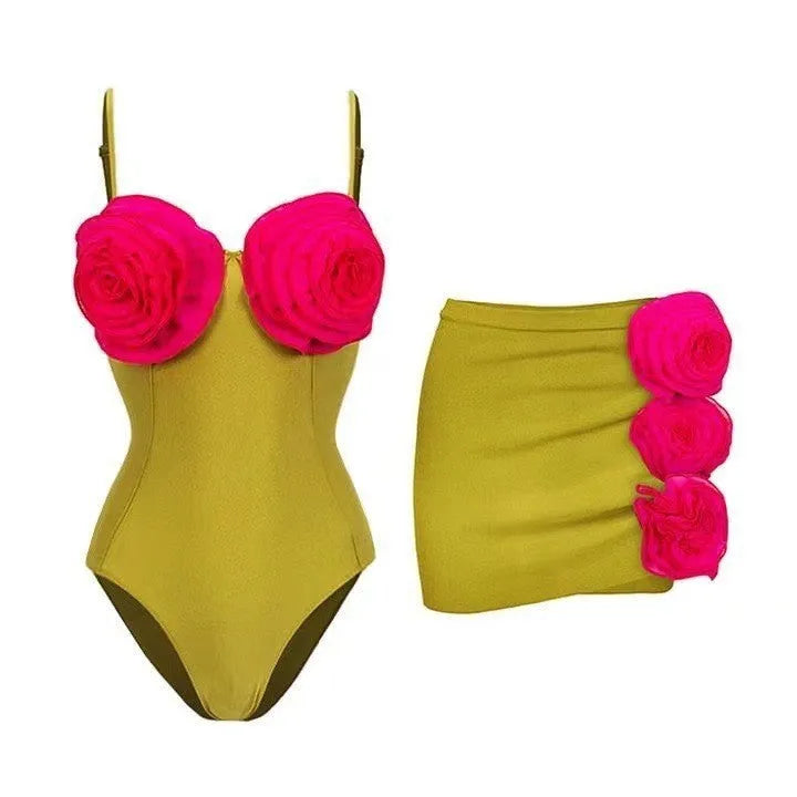 French one-piece solid colour polyester swimsuit for women with cut out design, shown in front view on mannequin