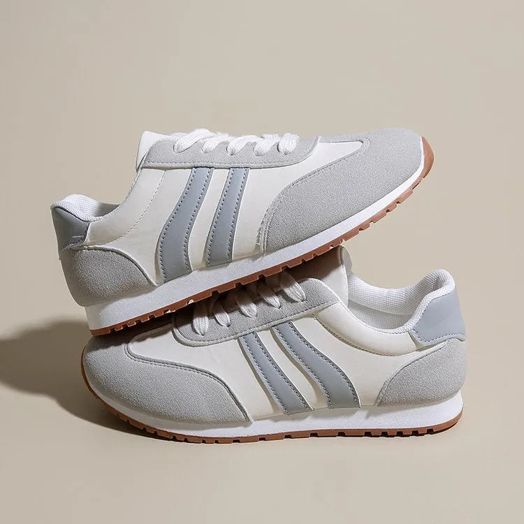 Blue and grey Cortez stripes sports shoes with rubber sole and round toe design