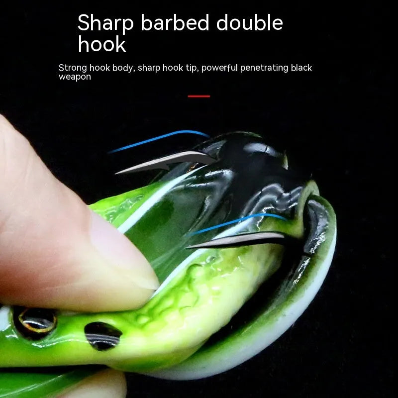 Bionic Real Thunder Frog Snake Head fishing lure with double hooks in grass green and black yellow dots colours